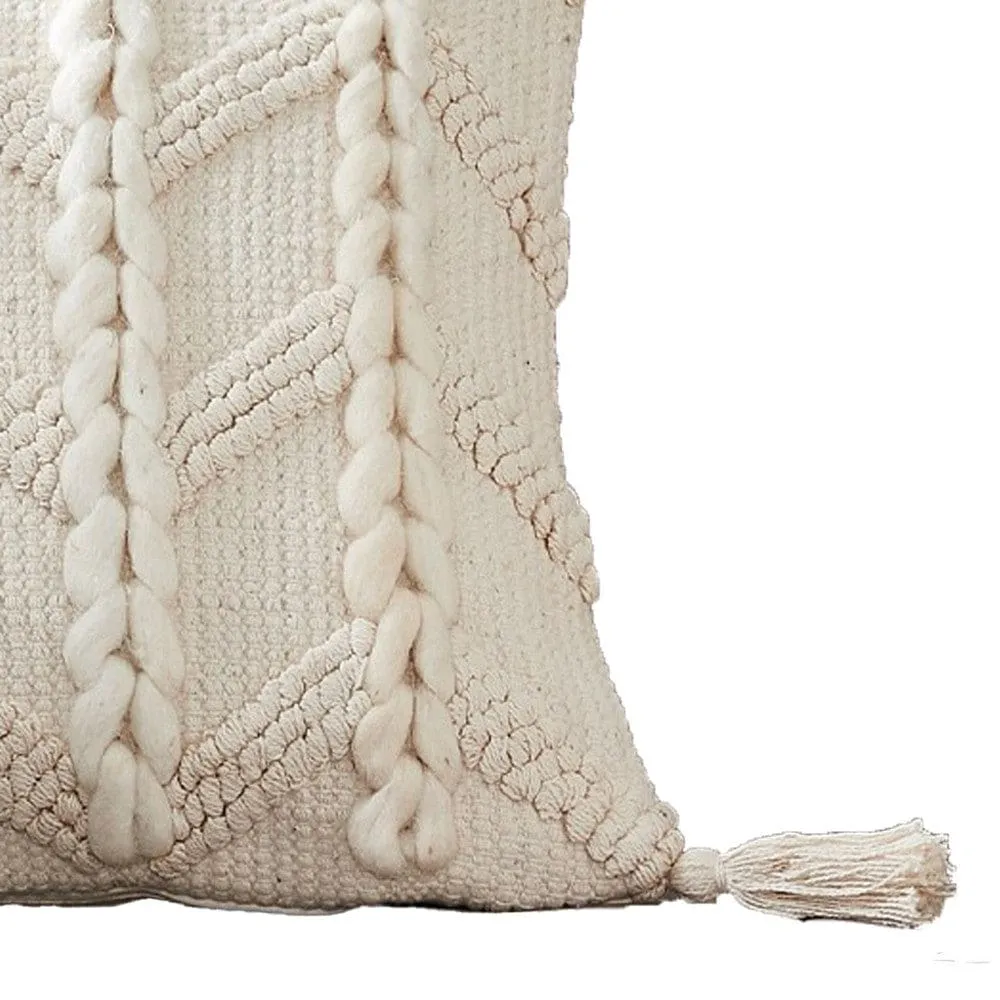 18 Inch Decorative Throw Pillow Cover, Braided Design, Tassels, Cream By Casagear Home