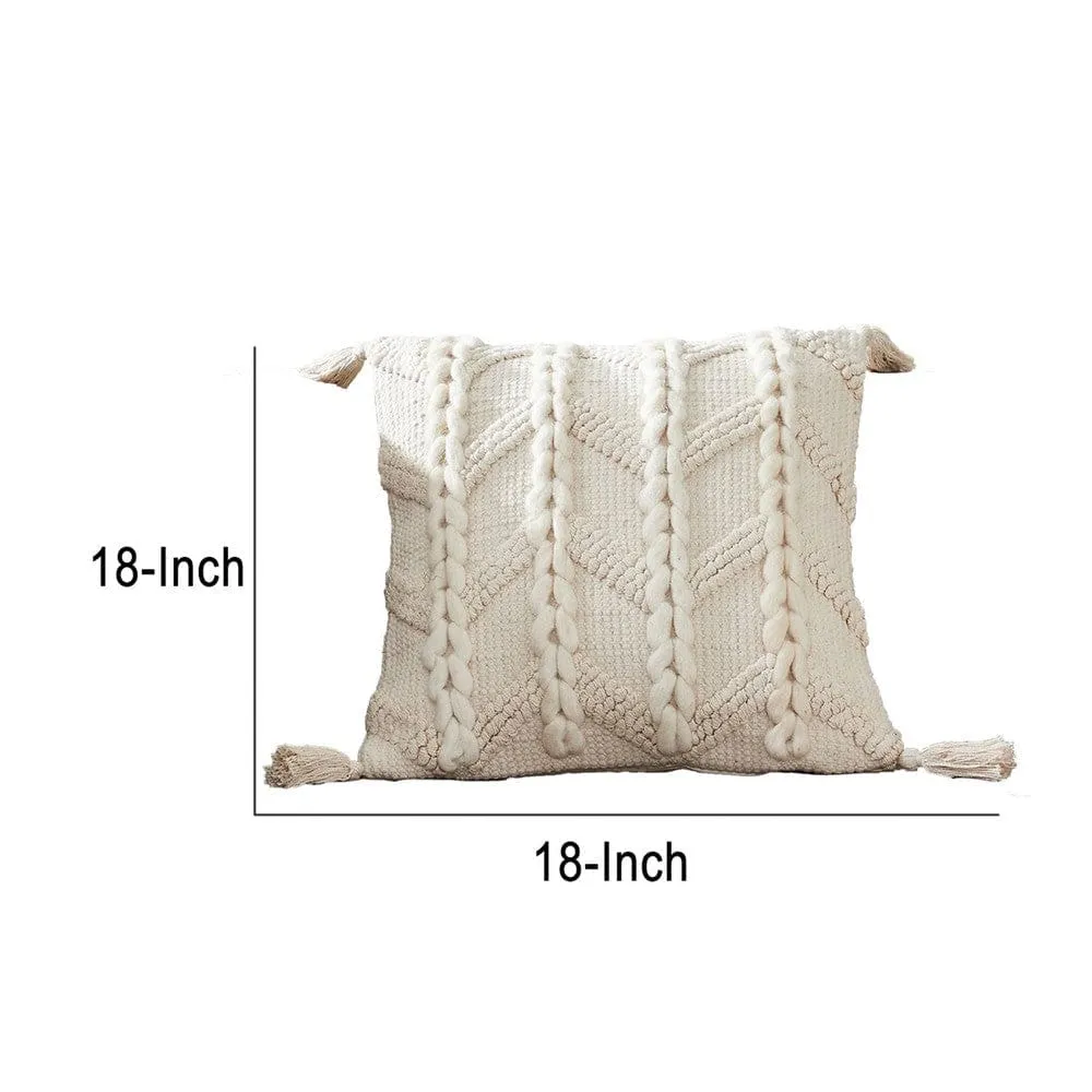 18 Inch Decorative Throw Pillow Cover, Braided Design, Tassels, Cream By Casagear Home