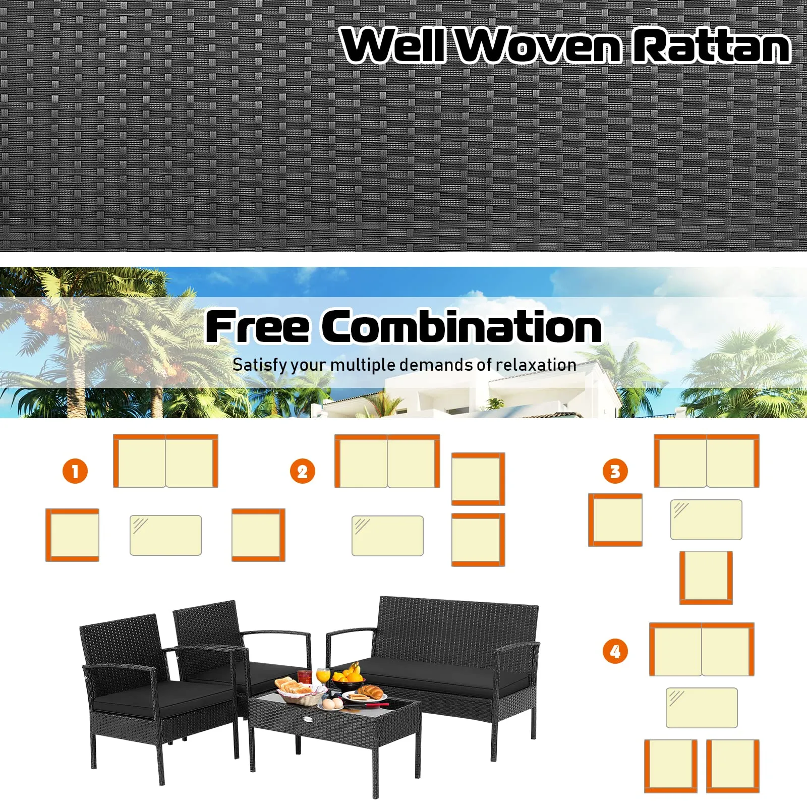 4 Piece Patio Rattan Conversation Set, Black