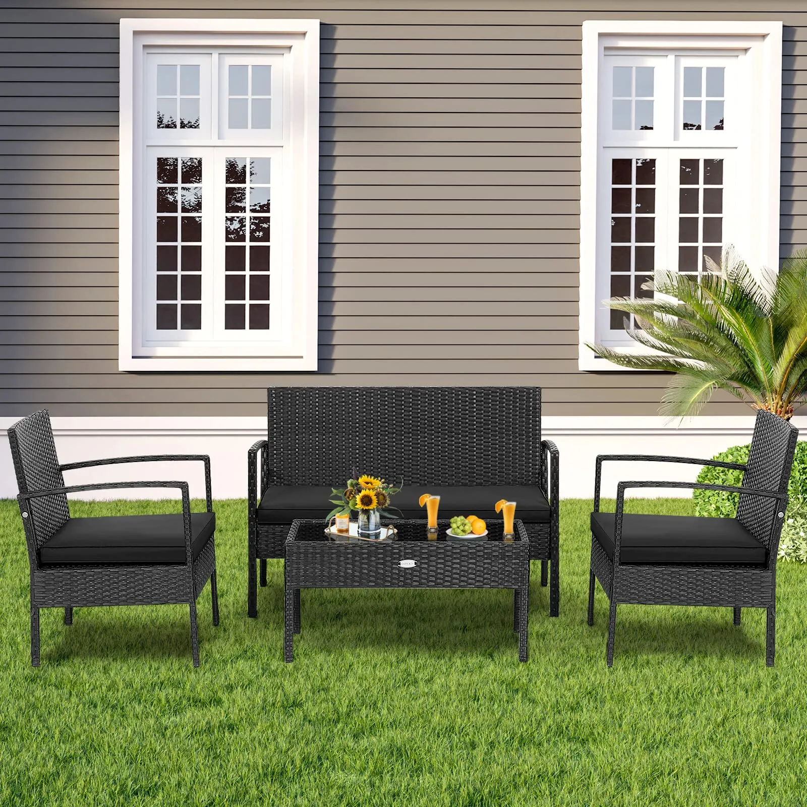 4 Piece Patio Rattan Conversation Set, Black