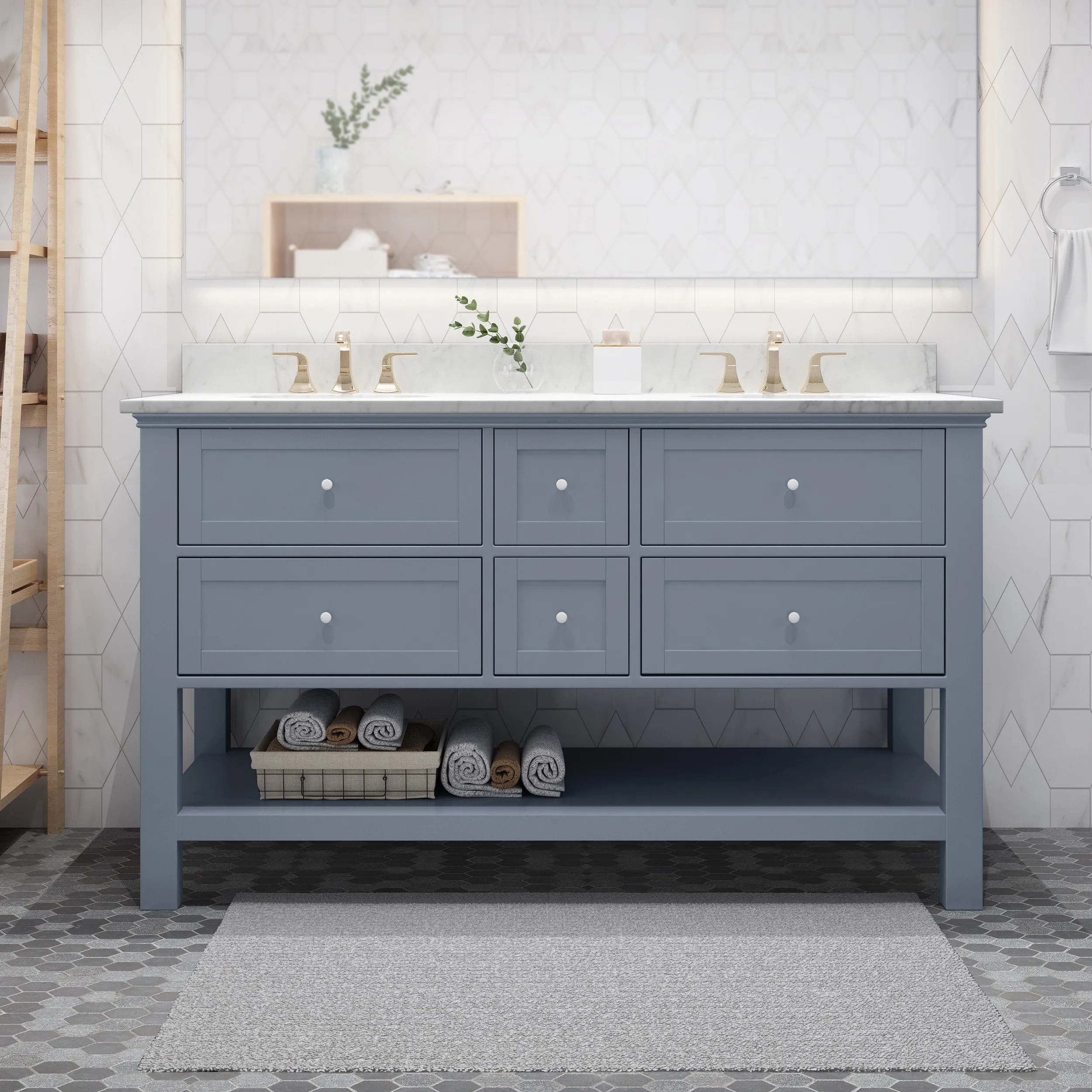 60" Wood Double Sink Bathroom Vanity with Marble Counter Top with Carrara White Marble - NH988703