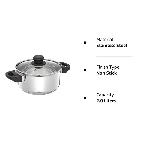 Amazon Brand - Solimo Stainless Steel Dutch Oven with Glass Lid, Induction Base (18cm, 2 liters)