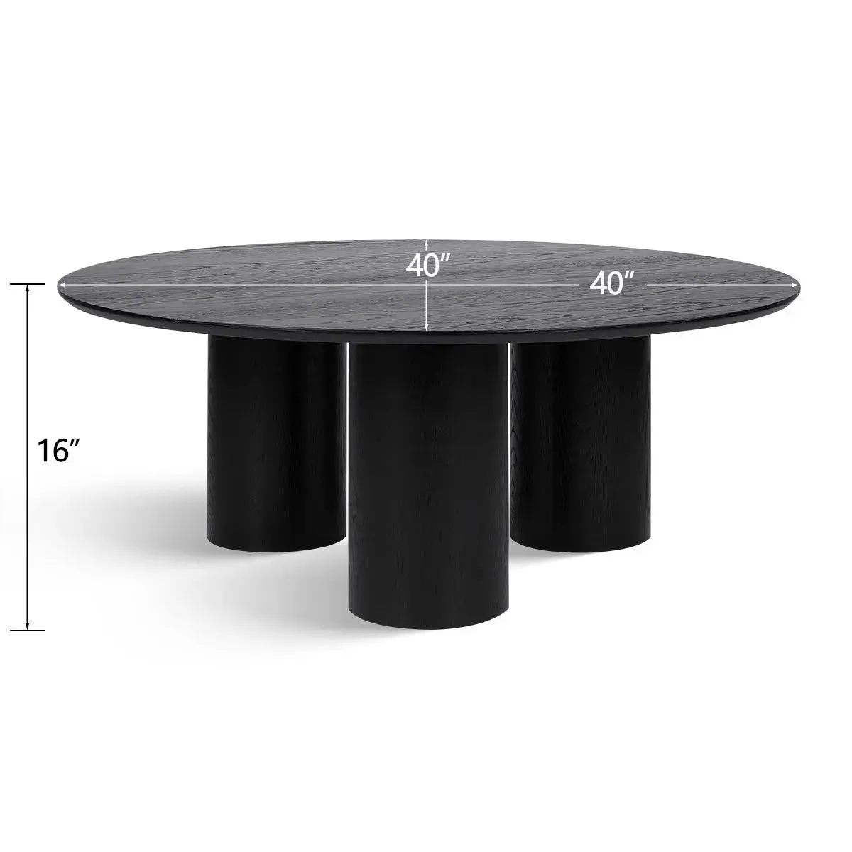 Baguette 40" Modern Black Oak Wood 3-Leg Round Coffee Table