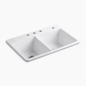 Brookfield 22" x 33" x 9.63" Enameled Cast Iron Double-Basin Drop-In Kitchen Sink in White - 4 Faucet Holes