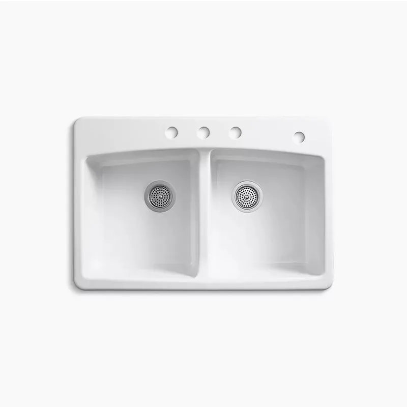 Brookfield 22" x 33" x 9.63" Enameled Cast Iron Double-Basin Drop-In Kitchen Sink in White - 4 Faucet Holes