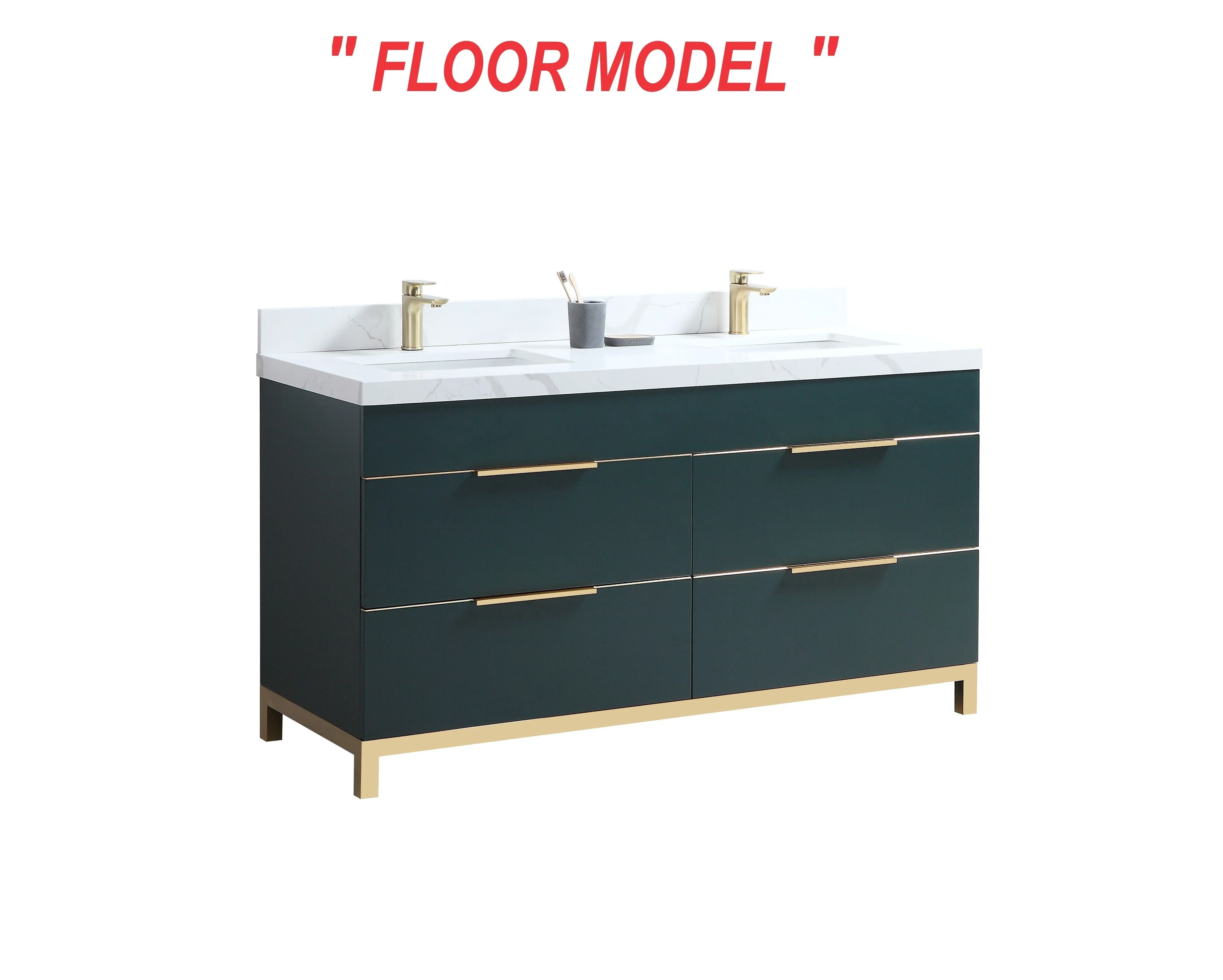 CCS401 - 60" Dark Green, Double Sink,Floor Standing Modern Bathroom Vanity, Calcatta Quartz Countertop, Brushed Gold Hardware***FLOOR MODEL/PICK UP IN STORE***