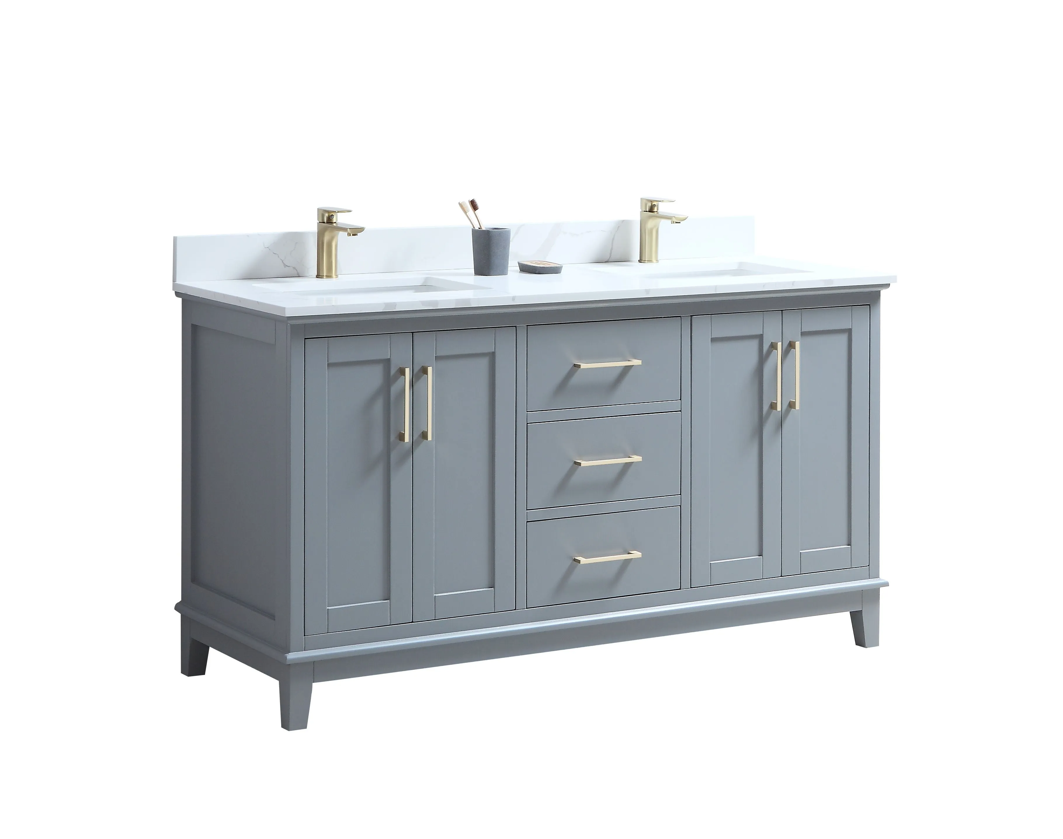 CCS501 - 60" GREY, Double Sink, Floor Standing Modern Bathroom Vanity, CALCATTA QUARTZ Countertop, Brushed Gold Hardware