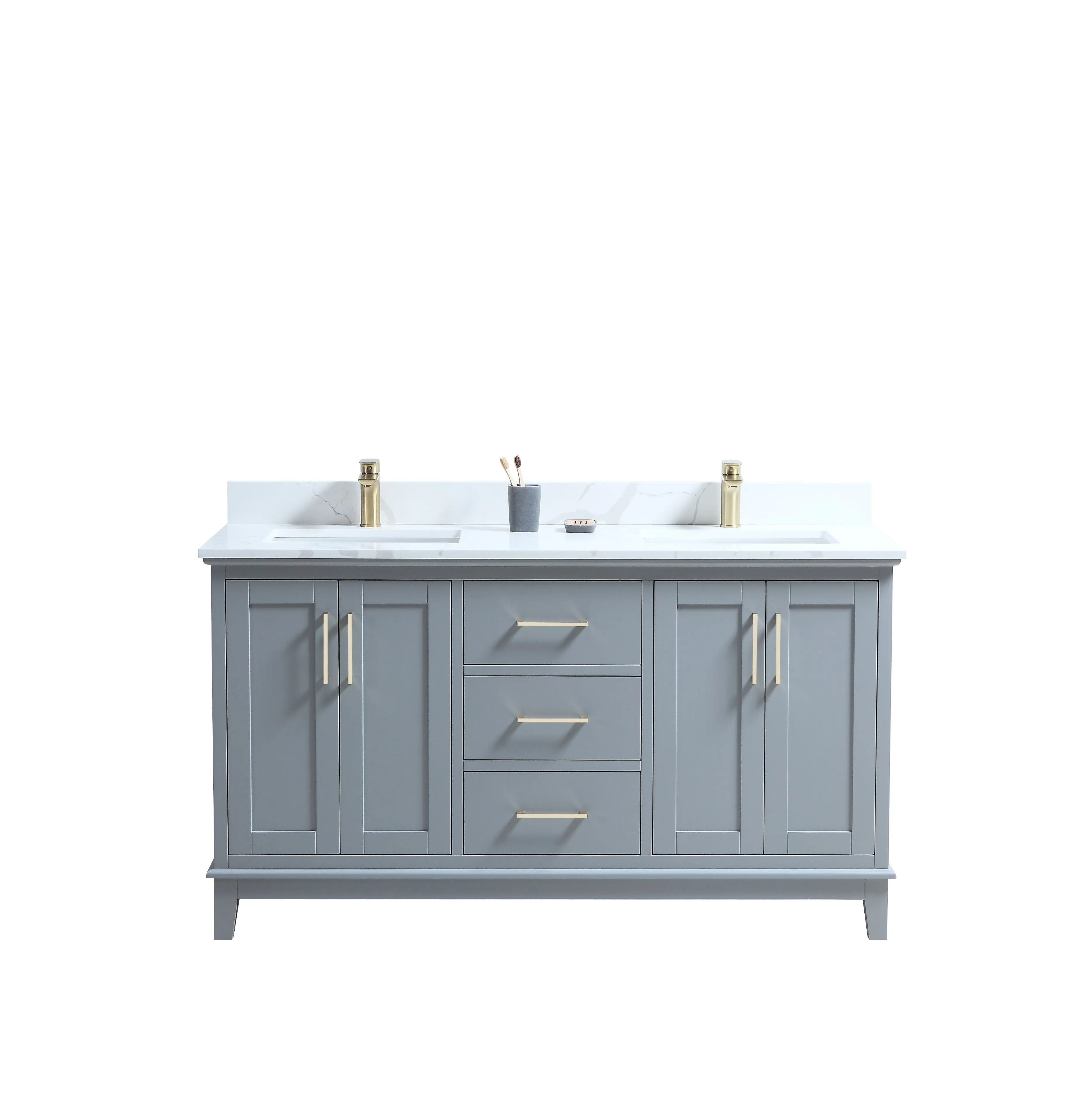 CCS501 - 60" GREY, Double Sink, Floor Standing Modern Bathroom Vanity, CALCATTA QUARTZ Countertop, Brushed Gold Hardware