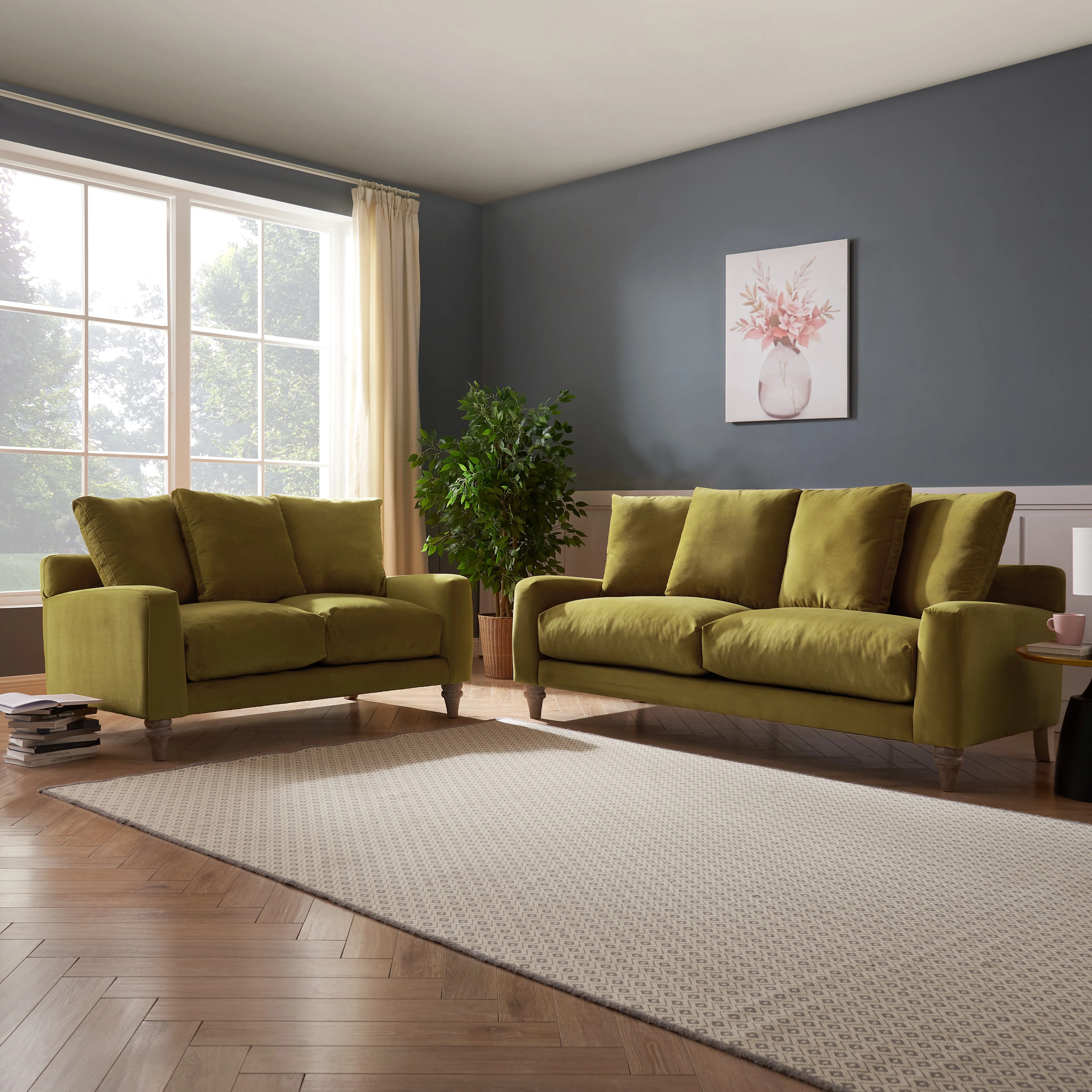 Covent 2 3 Seater Sofa Set With Scatter Back Cushions, Luxury Olive Green Velvet