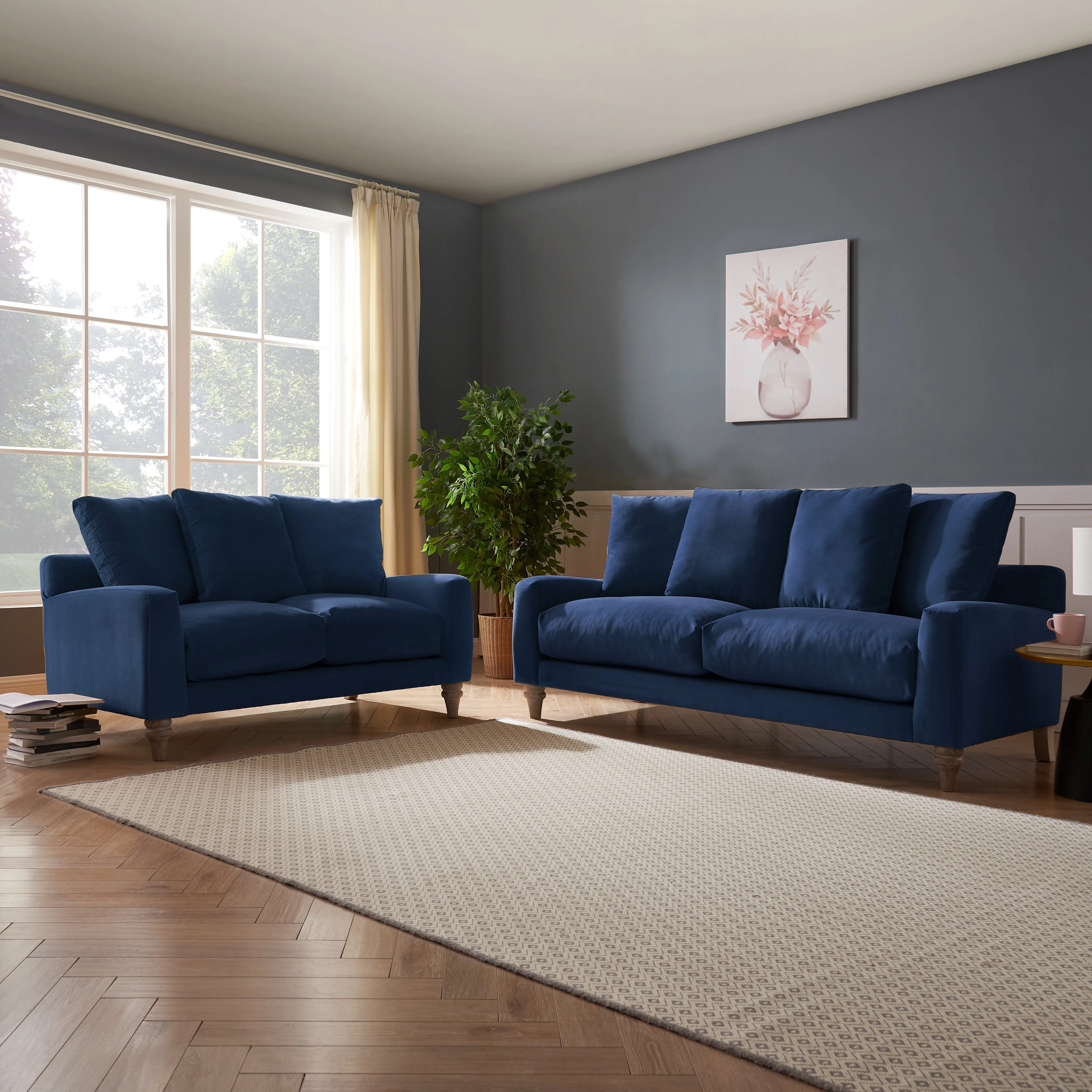 Covent 2 Seater Sofa With Scatter Back Cushions, Luxury Navy Blue Velvet