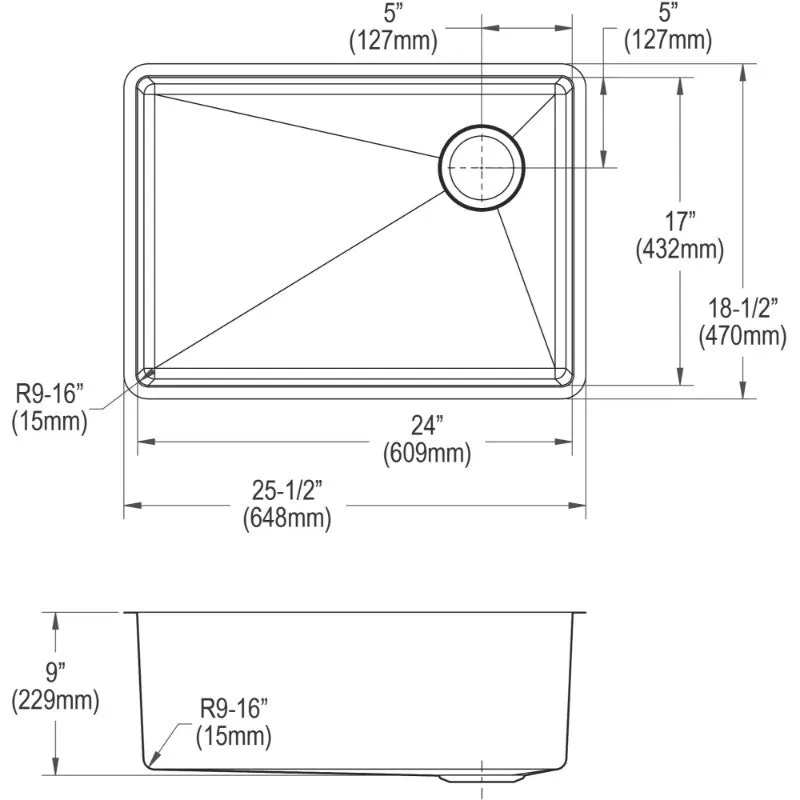 Crosstown 18.5" x 25.5" x 9" Stainless Steel Single-Basin Undermount Kitchen Sink Kit