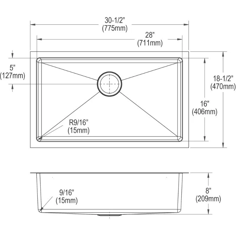 Crosstown 18.5" x 30.5" x 8" Stainless Steel Single-Basin Undermount Kitchen Sink