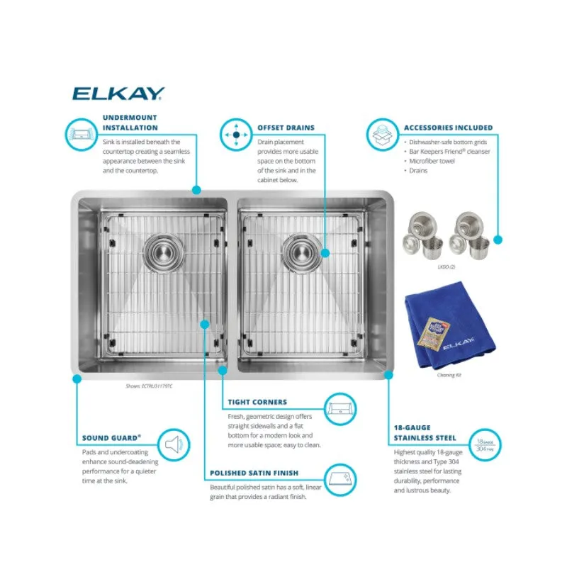 Crosstown 18.5" x 31.5" x 9" Stainless Steel Double-Basin Undermount Kitchen Sink Kit