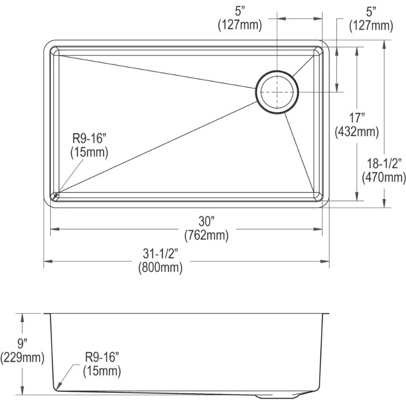 Crosstown 18.5" x 31.5" x 9" Stainless Steel Single-Basin Undermount Kitchen Sink Kit