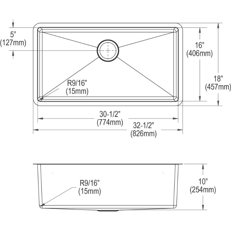 Crosstown 18" x 32.5" x 10" Stainless Steel Single-Basin Undermount Kitchen Sink