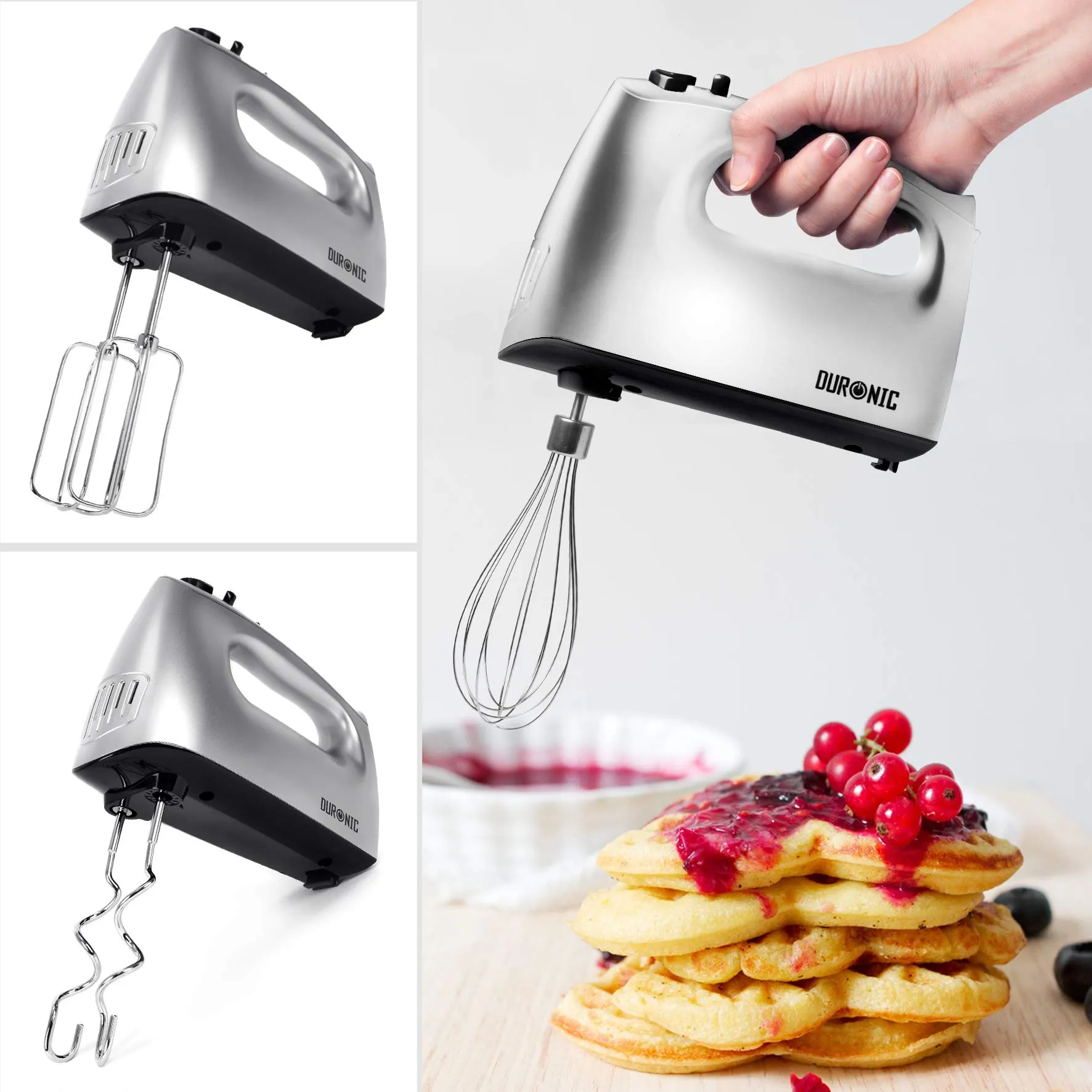 Duronic Hand Mixer Electric Whisk HM4SR Kitchen Handheld Hand Held Food Mixers for Baking, Dough, Bread, Eggs, Cake Mix, Cream, Brownie Maker Mixer with Whisker Hooks Beater Storage Case 400W - Silver