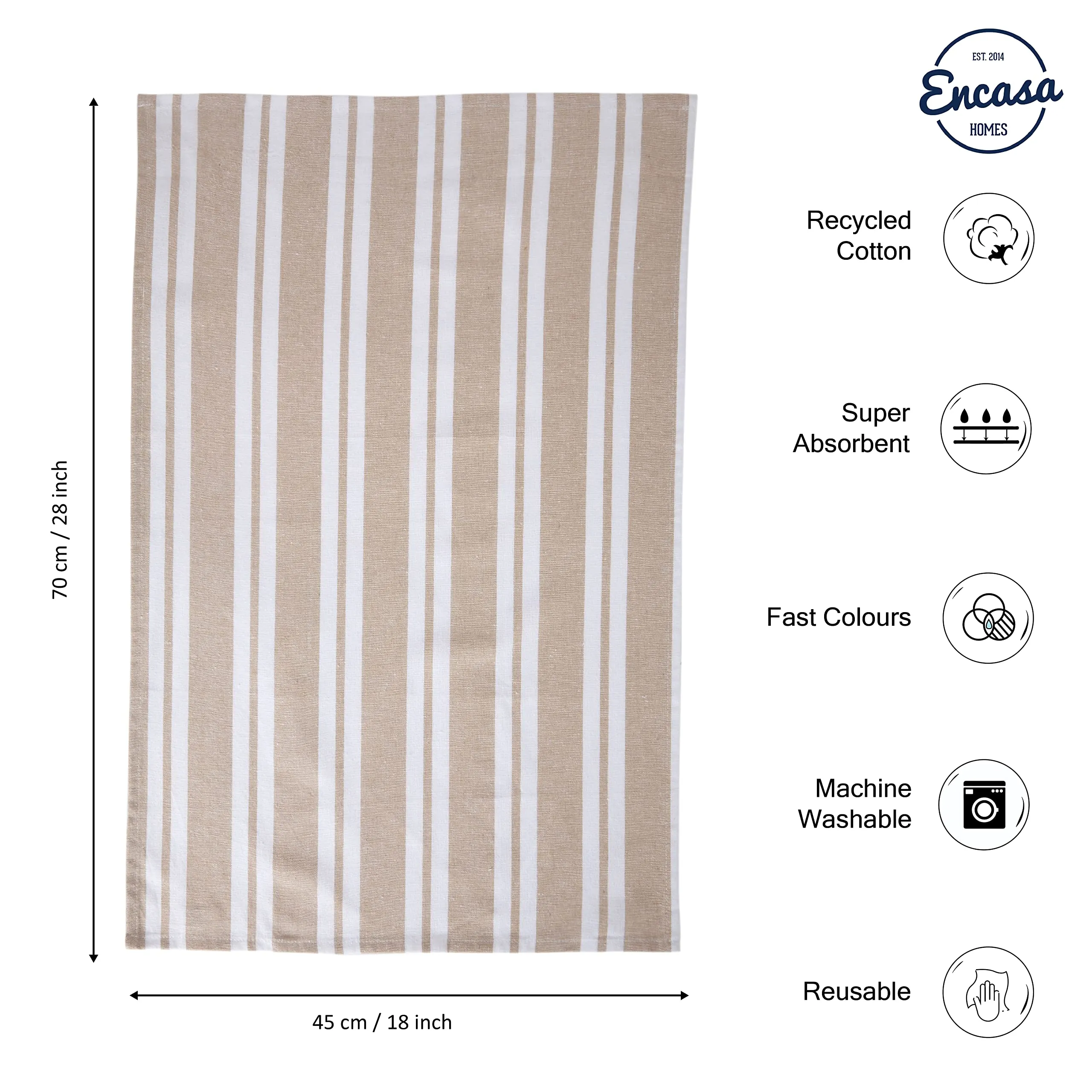 Encasa Homes Kitchen Dish Towels Made with Eco-Friendly Cotton | Highly Absorbent for Cleaning & Quick Drying of Plates & Glasses | X-Large, 18" x 28" | Franca Beige Stripes (Set of 4 Pieces)