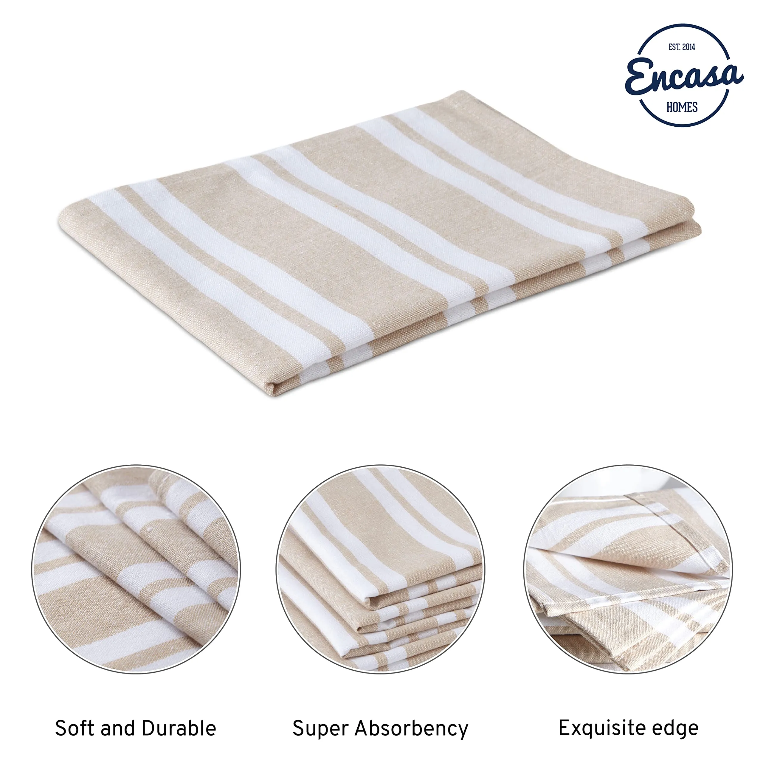 Encasa Homes Kitchen Dish Towels Made with Eco-Friendly Cotton | Highly Absorbent for Cleaning & Quick Drying of Plates & Glasses | X-Large, 18" x 28" | Franca Beige Stripes (Set of 4 Pieces)