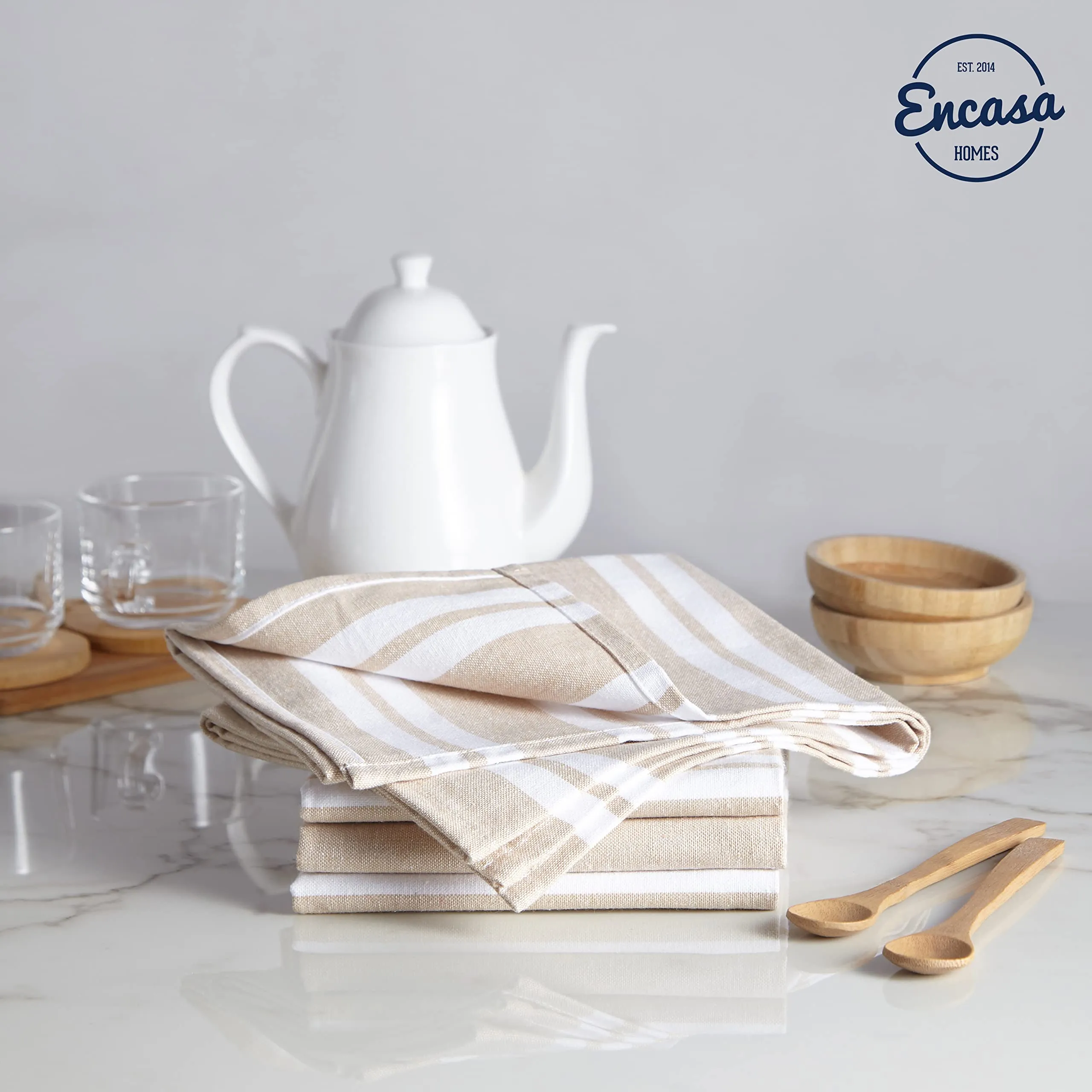 Encasa Homes Kitchen Dish Towels Made with Eco-Friendly Cotton | Highly Absorbent for Cleaning & Quick Drying of Plates & Glasses | X-Large, 18" x 28" | Franca Beige Stripes (Set of 4 Pieces)