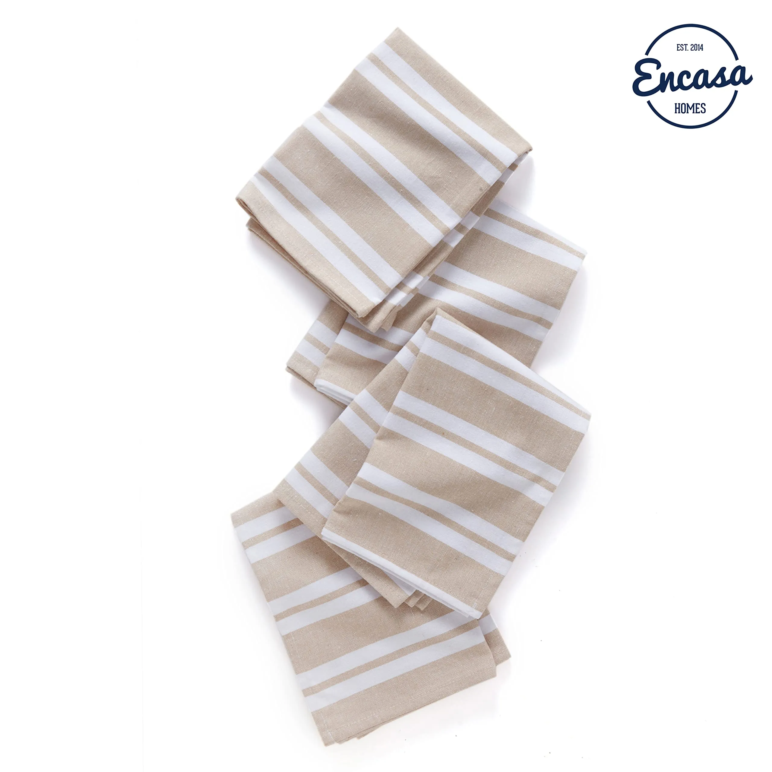 Encasa Homes Kitchen Dish Towels Made with Eco-Friendly Cotton | Highly Absorbent for Cleaning & Quick Drying of Plates & Glasses | X-Large, 18" x 28" | Franca Beige Stripes (Set of 4 Pieces)