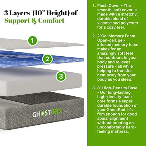 GhostBed 10 Inch RV Mattress Short King, Camper Mattress, Cool Gel Memory Foam Mattress, Low Profile RV King Mattress, Medium-Firm Feel, Made in The USA, RV King Short Mattress