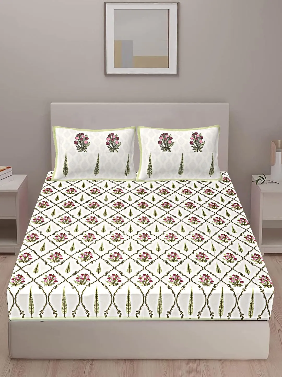 Goodadi Pure 100% Cotton Bedsheet with 2 Pillow Covers, Size - Double King Size Bedsheet 100x108 Inch, Pillow Covers - 18x28 inch, Sanganri Floral Print (Pink)