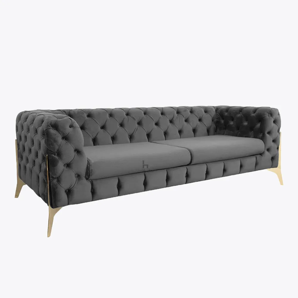 Jaguar Velvet Fabric 2 Seater Sofa Suite Chesterfield Metal Legs, Dark Grey