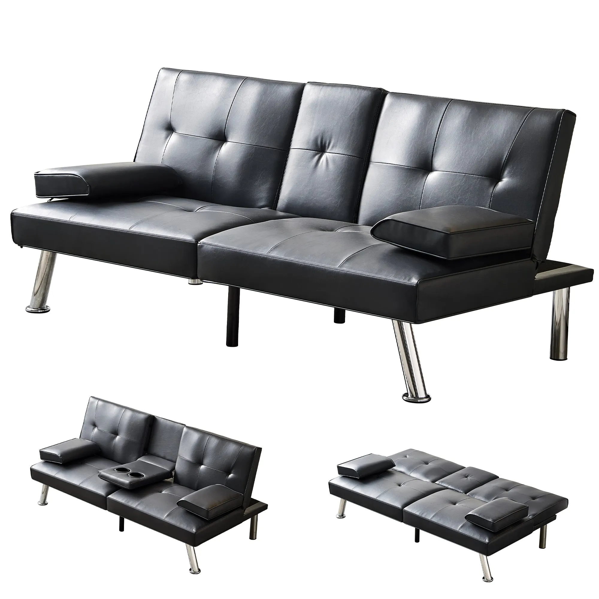 Jax Convertible Faux Leather Sofa Bed  - Black