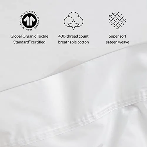 Leesa Sheet Set, 100% Cotton Cooling Sateen with High Thread Count, Twin Size, White/ 30-Night Trial