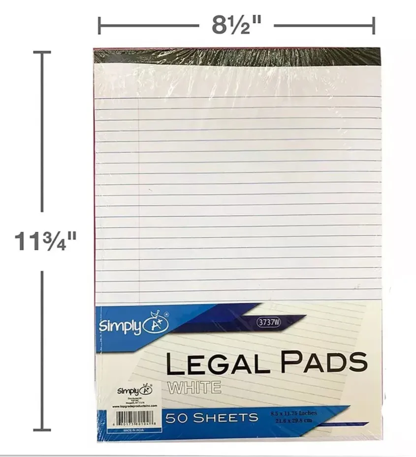 Legal Note Pads Writing Pads 8-1/2"X11-3/4" Wide Ruled White Paper (6 Pack)