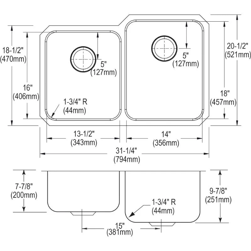 Lustertone Classic 20.5" x 31.25" x 9.88" Stainless Steel 40/60 Double-Basin Undermount Kitchen Sink