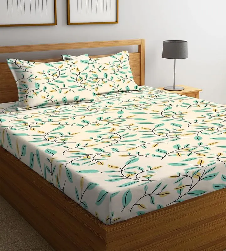 NHD HOME Premium 100% Cotton 220tc Flat Double Bed Bedsheets for Summer Breathable | Wrinklefree Long lsting (Size-90 x 90 Cm) with 2 Pillow Covers (Size-17 X 27 Inches, Floral, Beige & Green)