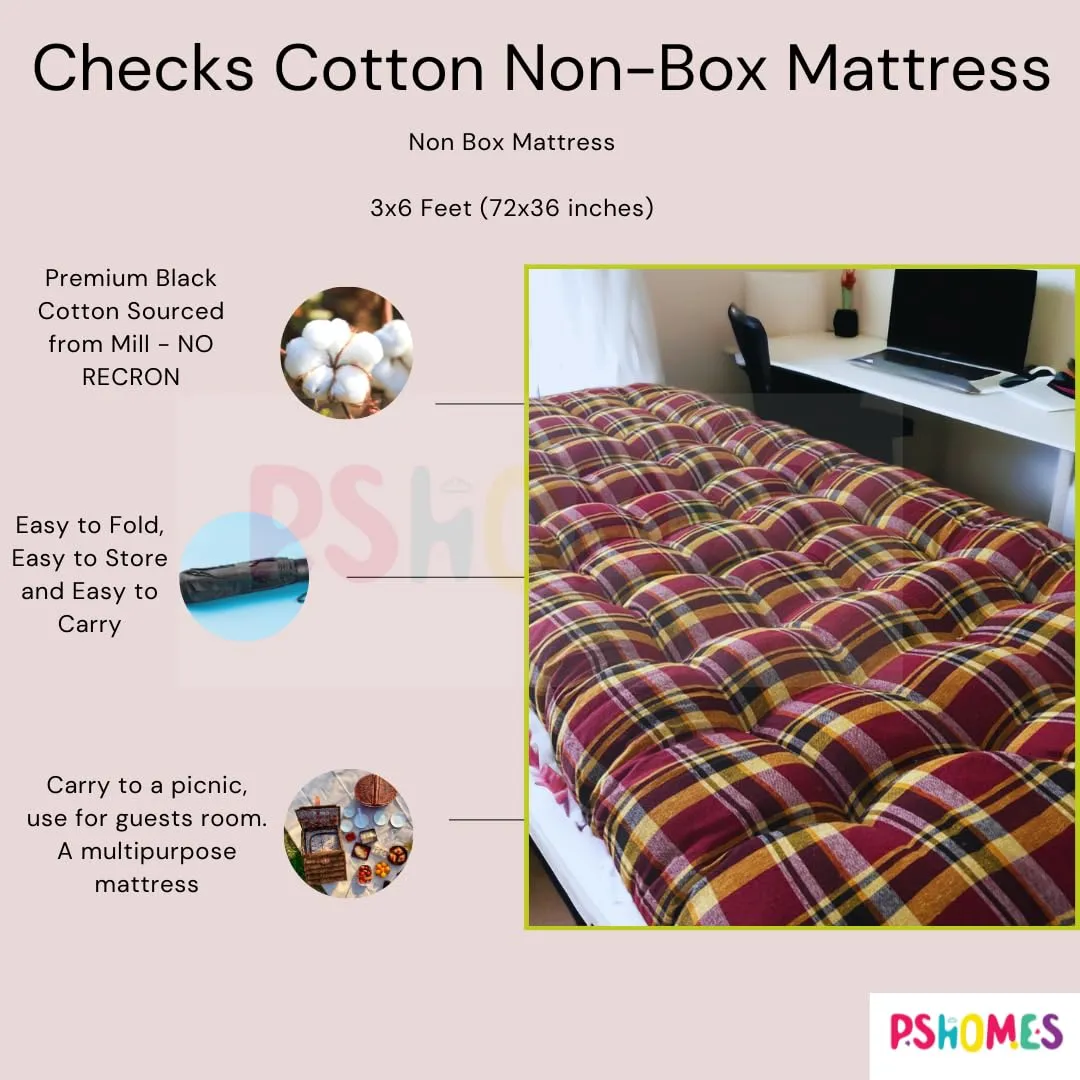 PShomes Natural Fibre Cotton Filling Mattress | Non-Box, Checks Maroon Fabric, 72x36X3 Inches | Foldable | Portable Mattress for Picnics, Guest Sleepovers, Durable & Comfortable (Checks Maroon)