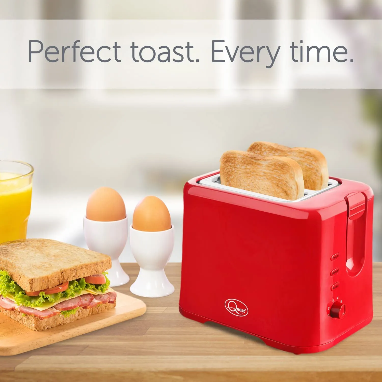 Quest 34299 2 Slice Toaster / Variable Browning Control / Reheat and Defrost / Crumb Tray and Cord Storage, Red, 870W