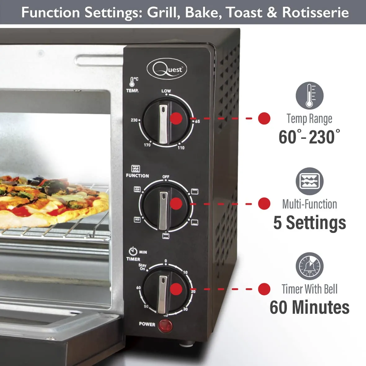 Quest 35399 20L Mini Countertop Oven 1500W / Multifunction Cooking Grill, Bake, Toast, Rotisserie, and Convection/Adjustable Temperature / 60 Mins Timer & Auto Shut Off with Bell