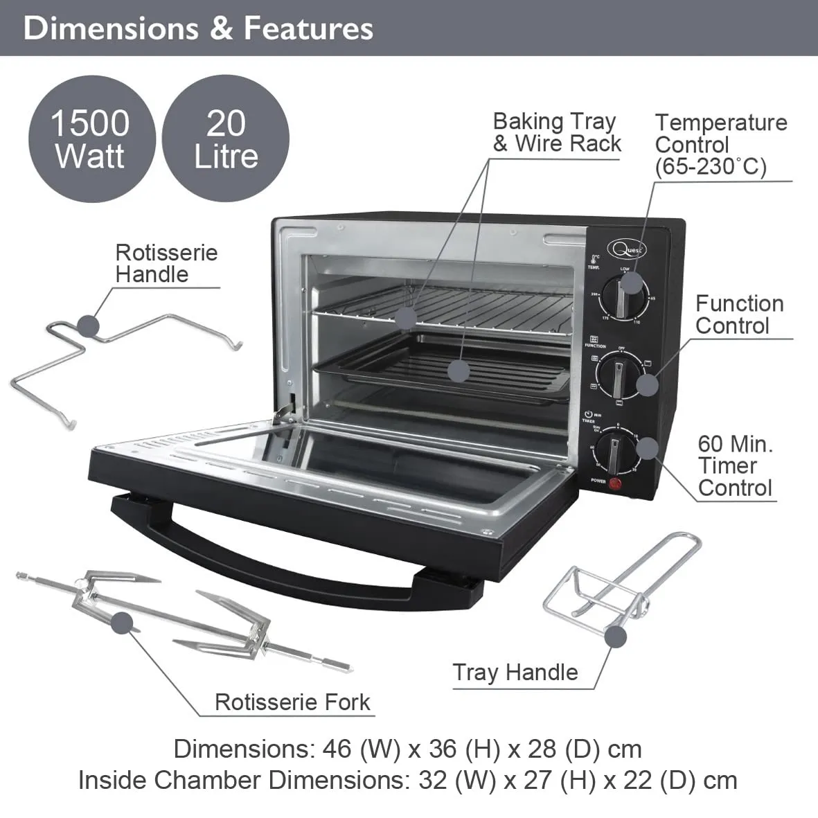 Quest 35399 20L Mini Countertop Oven 1500W / Multifunction Cooking Grill, Bake, Toast, Rotisserie, and Convection/Adjustable Temperature / 60 Mins Timer & Auto Shut Off with Bell