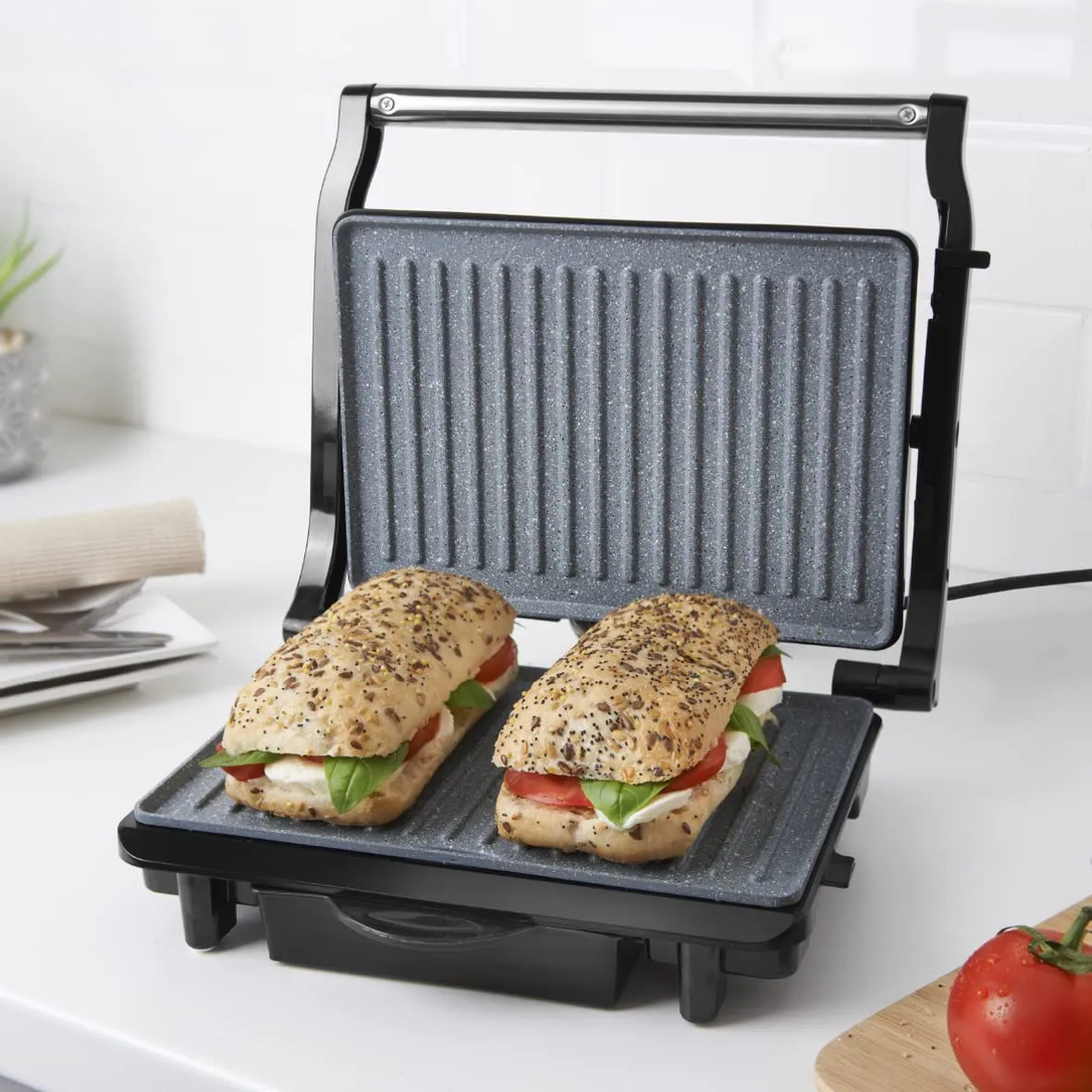 Quest 35609 Deluxe Health Grill With Panini Press & Sandwich Toaster/Non-Stick Marble Coating/Cool Touch Handle/Automatic Temperature Control/Floating Hinged Lid For Even Cooking & Toasting