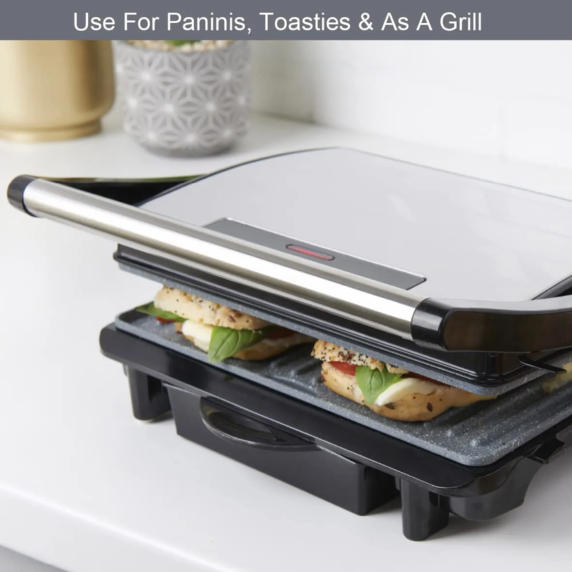 Quest 35609 Deluxe Health Grill With Panini Press & Sandwich Toaster/Non-Stick Marble Coating/Cool Touch Handle/Automatic Temperature Control/Floating Hinged Lid For Even Cooking & Toasting