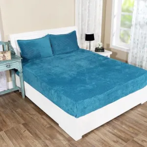 RIFTREE Pencil Warm Supersoft Smooth Flannel Minky Woollen Winter 1 Fitted Double bedsheet with 2 Pillow Covers - Blue