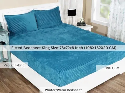 RIFTREE Pencil Warm Supersoft Smooth Flannel Minky Woollen Winter 1 Fitted Double bedsheet with 2 Pillow Covers - Blue