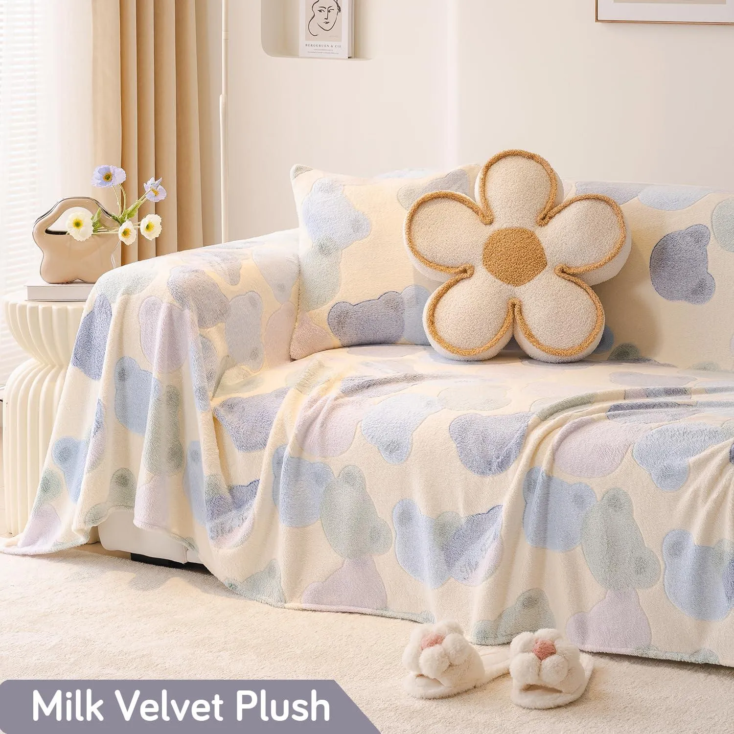 Soft and Cozy Fully Covered Velvet Plush Sofa Throw for 1/2/3-Seater, Phil Blue Bear