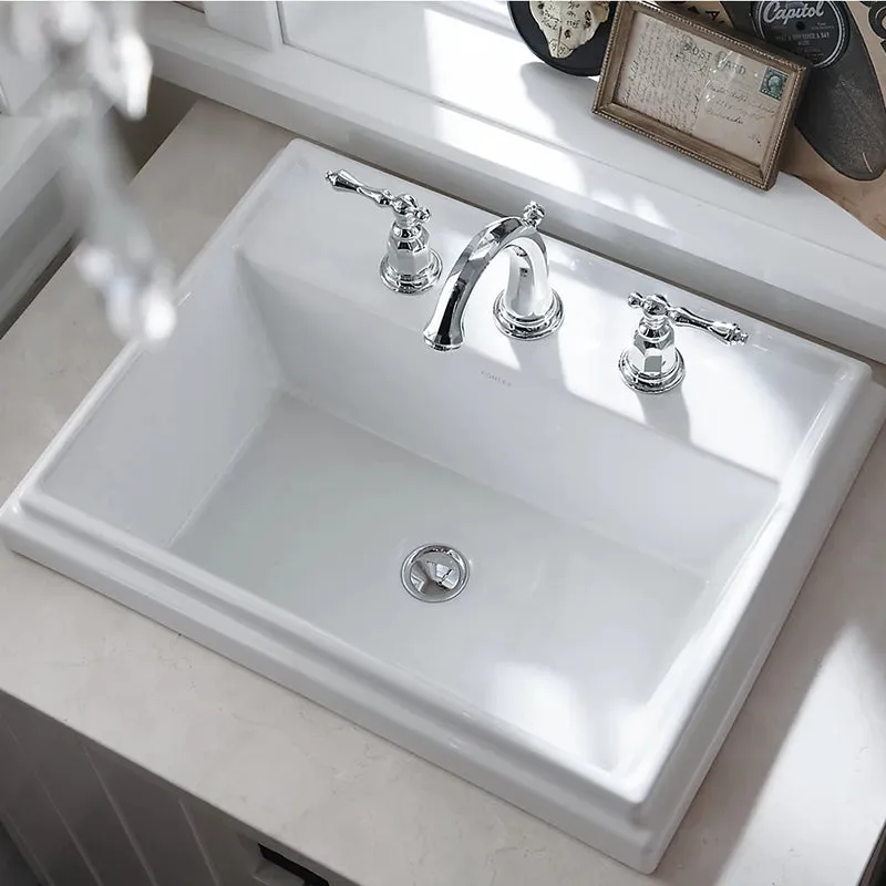 Tresham Rectangle 16.56" x 21.81" x 8.06" Vitreous China Drop-In Bathroom Sink in White - Widespread Faucet Holes